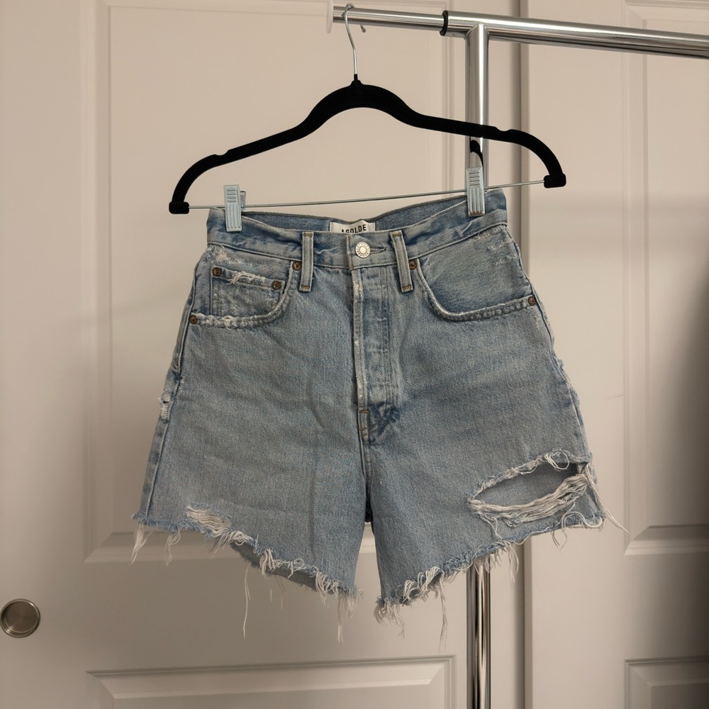 Agolde Light Blue Distressed Jean Shorts